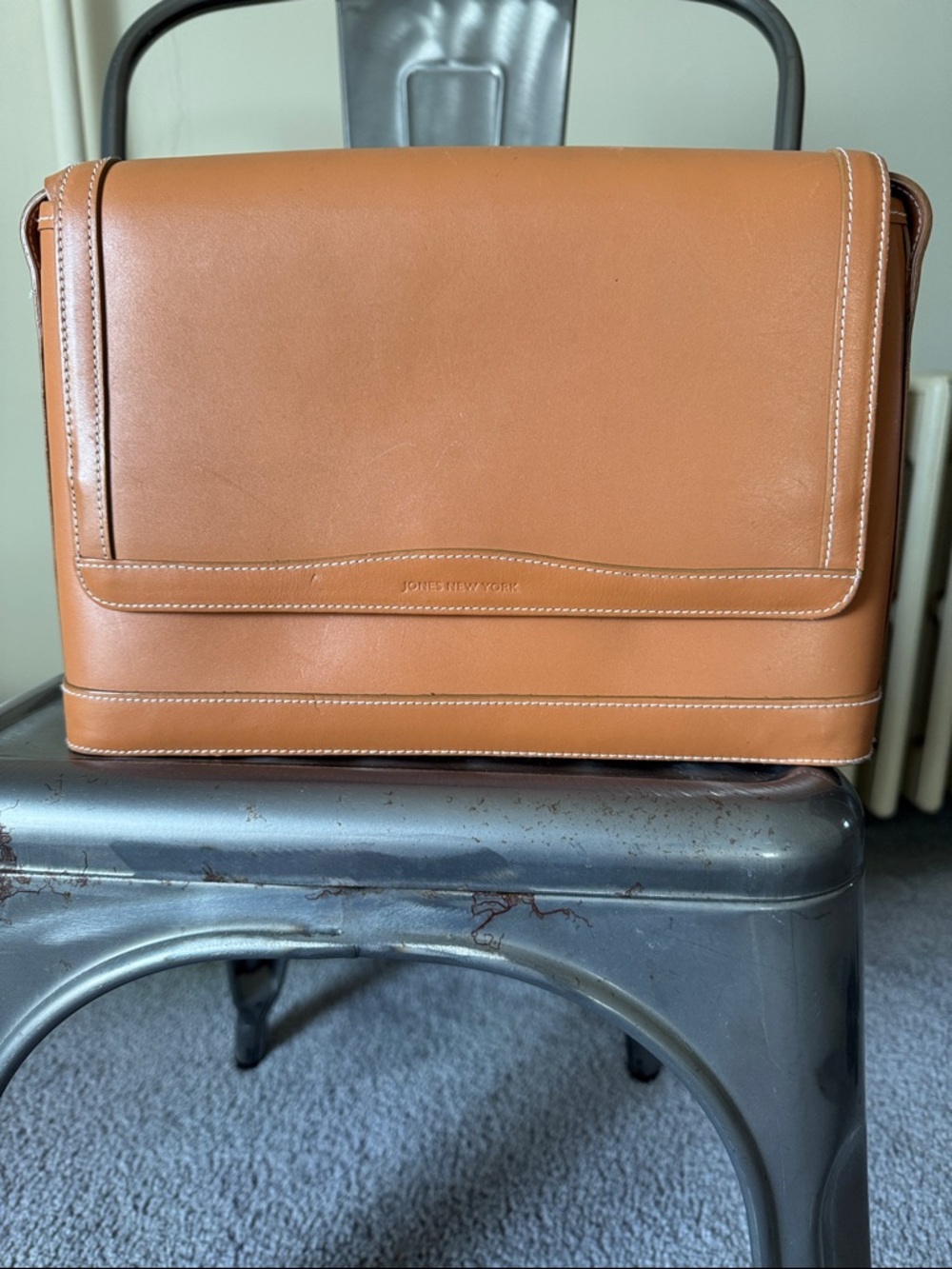 Jones New York Cognac Leather Shoulder Bag with White Stitching
